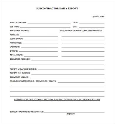 subcontractor daily construction report template