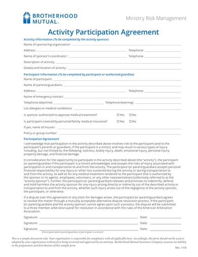 activity participation agreement sample
