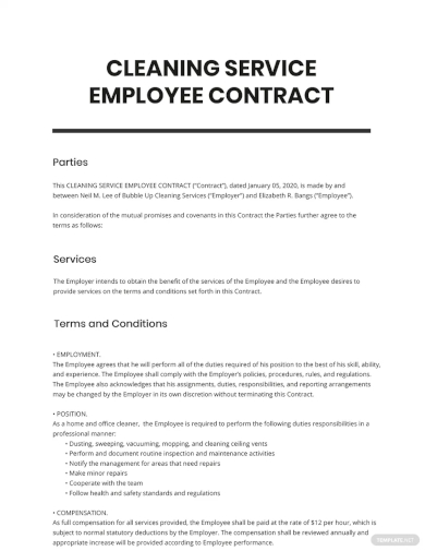 cleaning service employee contract template