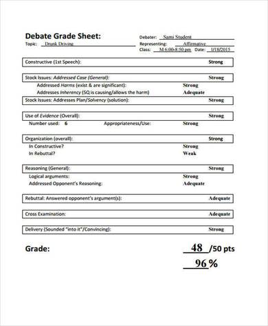 debate grade sheet