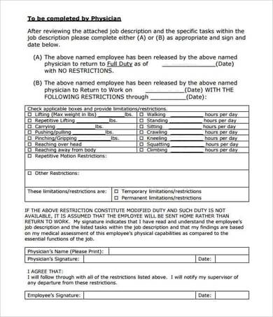 doctors note for return to work sample template