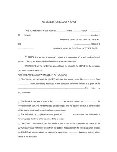 house sale agreement contract sample