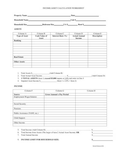 income and asset calculation worksheet