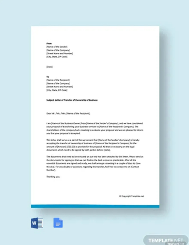 letter of transfer of ownership of business template