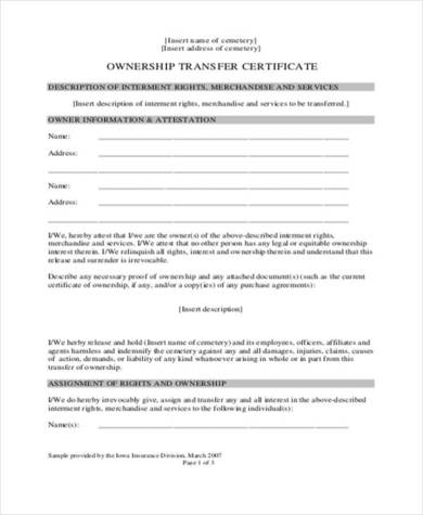 ownership transfer letter format