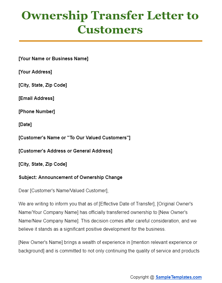 ownership transfer letter to customers