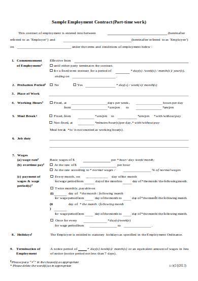 part time employment contract template