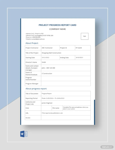 project progress report card template