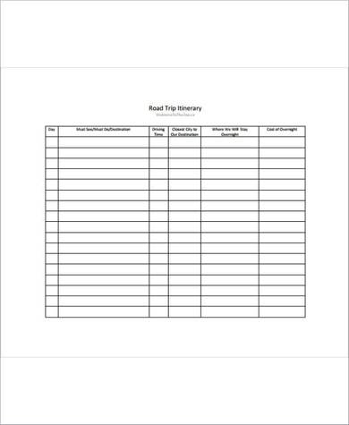 road trip itinerary sample template