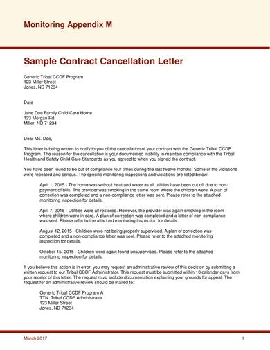 sample contract cancellation letter for program 1