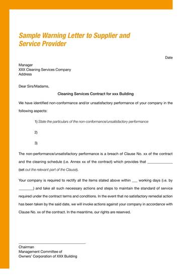 sample warning letter to supplier and service provider