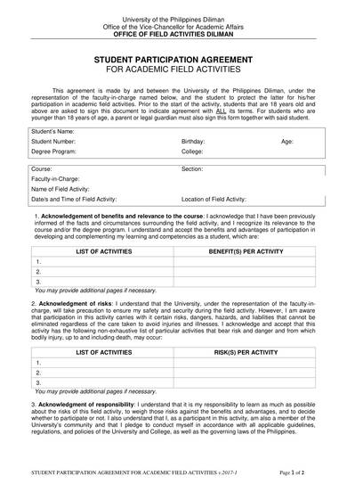 student participation agreement for academic field activities