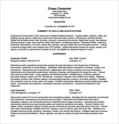 carpenter supervisor resume sample