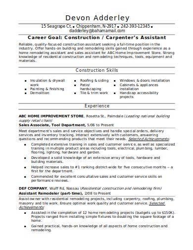 carpenter’s assistant resume sample