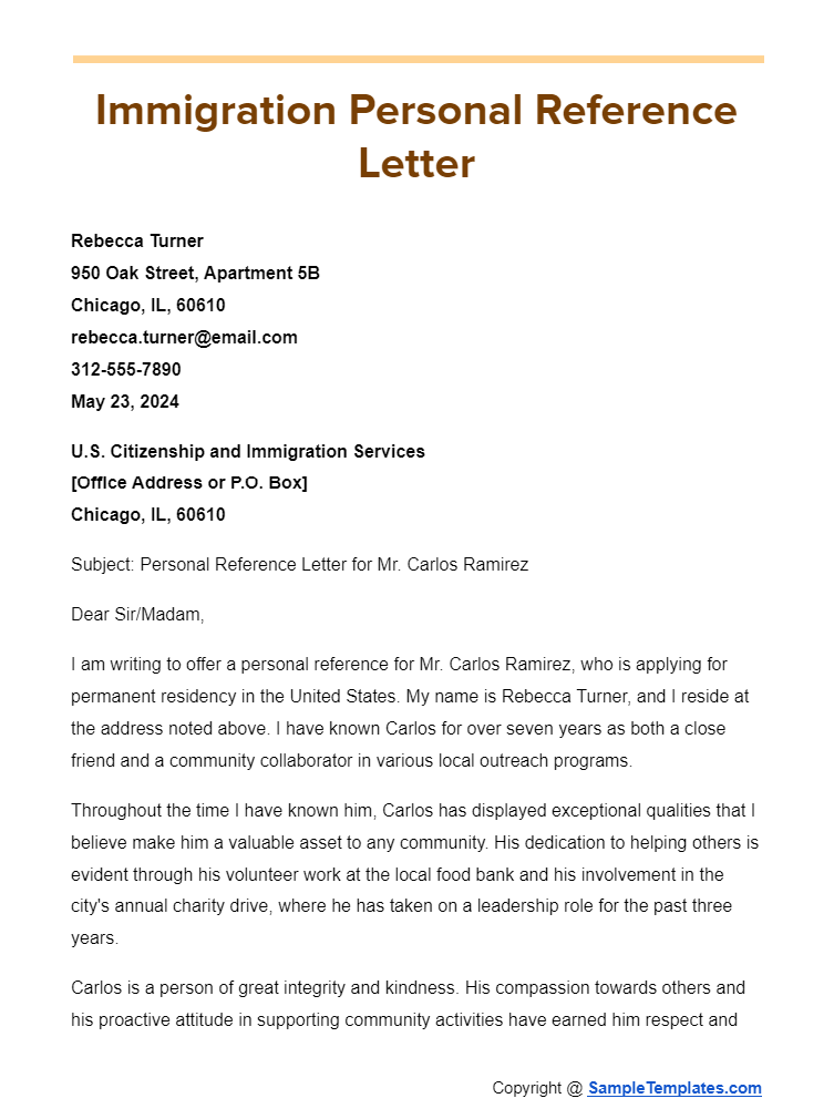 immigration personal reference letter