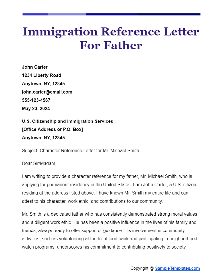 immigration reference letter for father