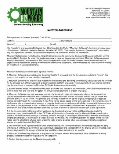 lending business investor agreement contract template