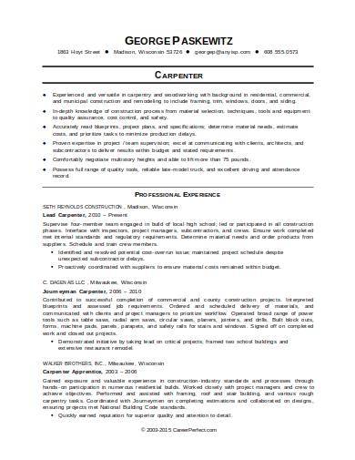 one page carpenter sample resume