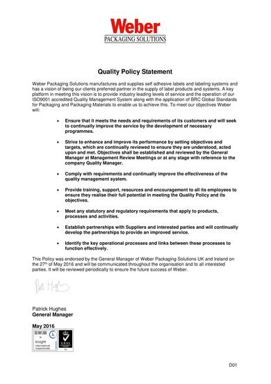 packaging business quality policy statement