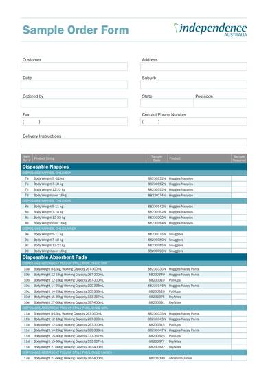 sample order form with product listing