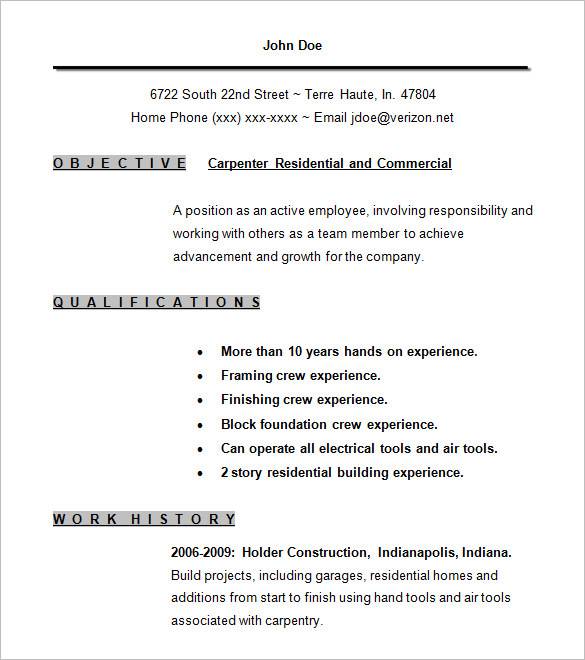 sample residental and commercial carpenter resume