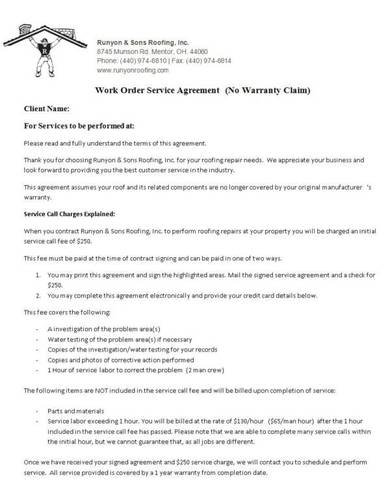 sample roofing work order service agreement contract