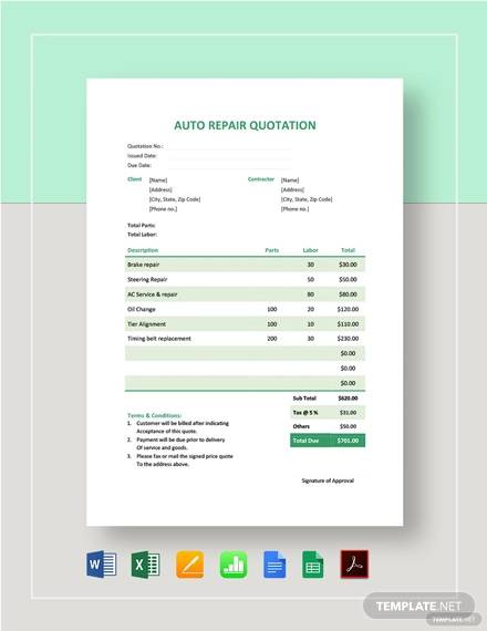 auto repair quotation template