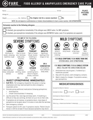 food allergy and anaphylaxis care plan template