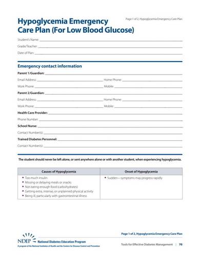 hypoglycemia emergency care plan template