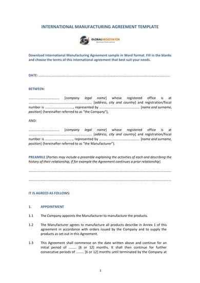 international manufacturing agreement sample template