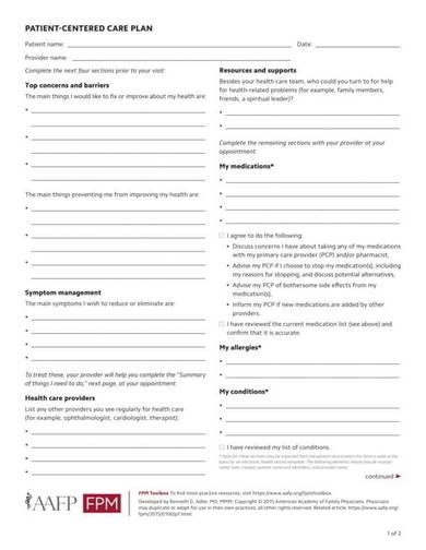 patient centered care plan template