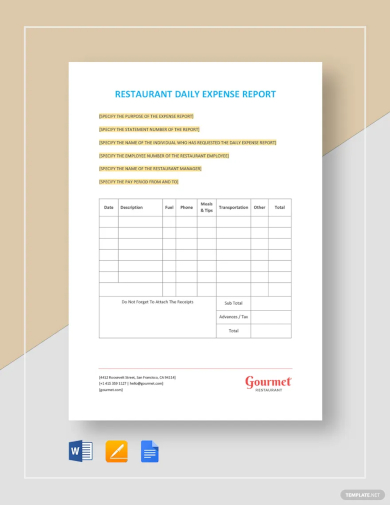 restaurant daily expense report template