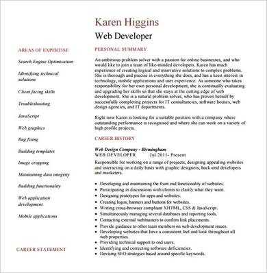 sample experienced web developer resume 1