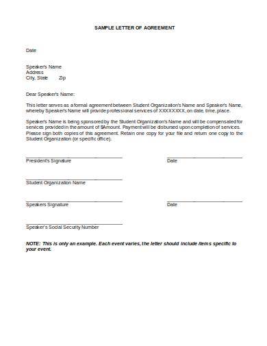 sample letter of agreement for speaker services