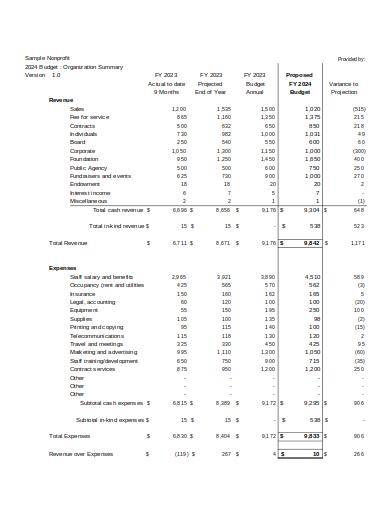 sample nonprofit budget template