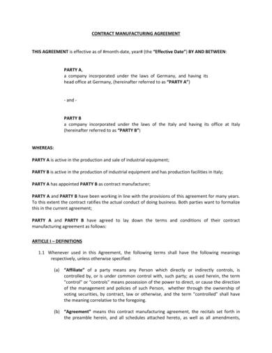 Technical Quality Agreement For Contract Manufacturing Template