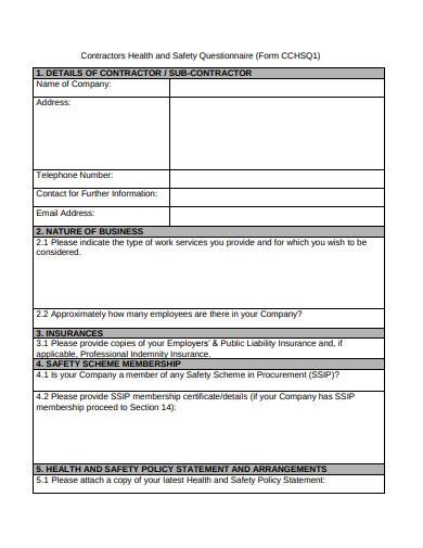 basic contractors health and safety questionnaire