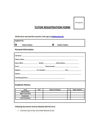 blank tutor registration form sample