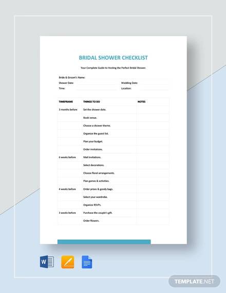 FREE 9+ Sample Bridal Shower Checklists in PDF | Google Docs | MS Word ...