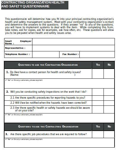contracting organization health and safety questionnaire