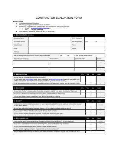 contractor evaluation form example