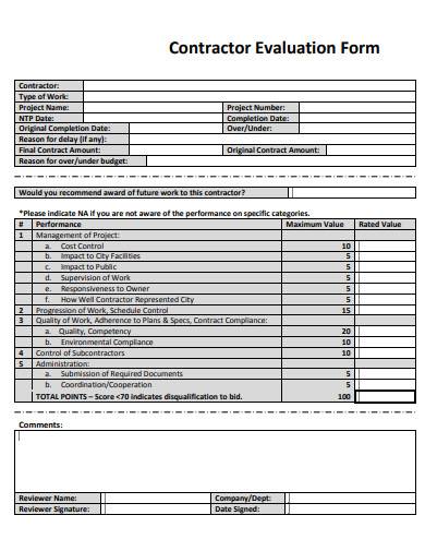 contractor evaluation form sample
