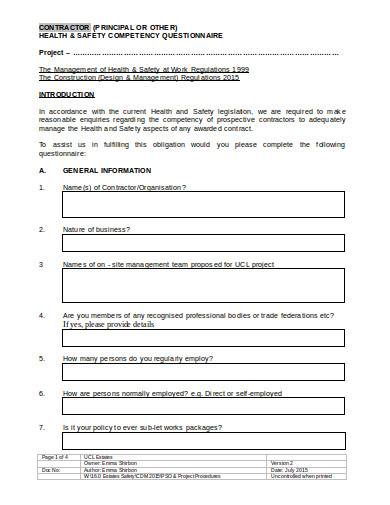 contractor health safety and environment competency questionnaire 