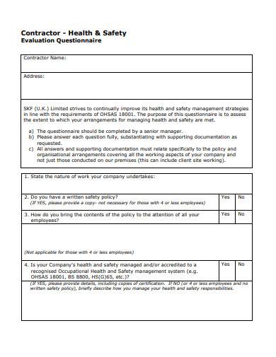 contractor health and safety evaluation questionnaire 