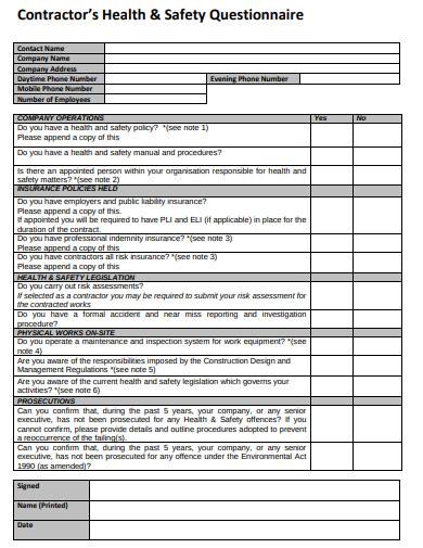 contractors health and safety questionnaire