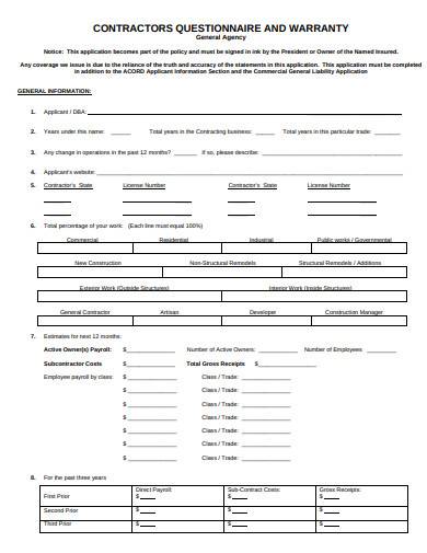 contractors questionnaire and warranty