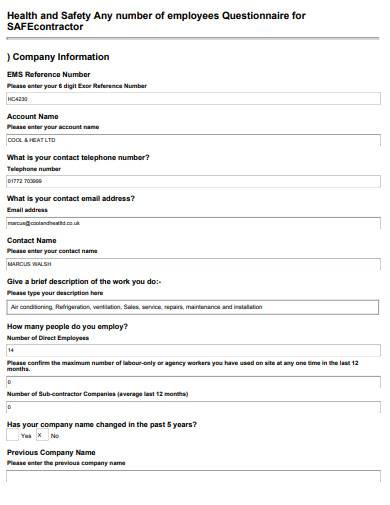 employee health and safety contractor questionnaire