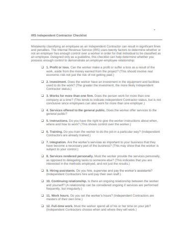 independent contractor checklist sample