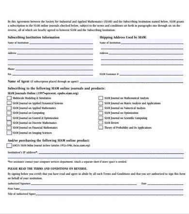 journal subscription agreement template 1