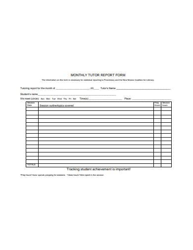 monthly tutor report form sample
